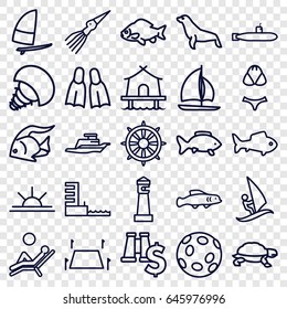 Sea icons set. set of 25 sea outline icons such as fish, turtle, seal, lighthouse, sun rise, helm, ship, land territory, harbor, flippers, man laying in the sun, tent