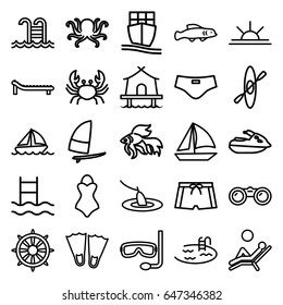 Sea icons set. set of 25 sea outline icons such as octopus, crab, fish, pool, sun rise, helm, cargo ship, boat, swimming pool, sunbed, man laying in the sun, tent