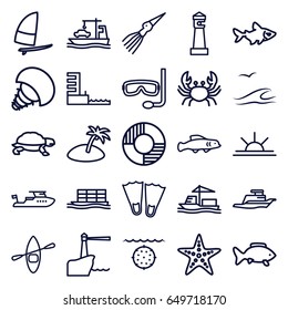Sea icons set. set of 25 sea outline icons such as fish, crab, turtle, lighthouse, boat, sun rise, cargo ship, ship, harbor, lifebuoy, starfish, island, aqualung, rowing boat