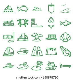 Sea icons set. set of 25 sea outline icons such as octopus, fish, boat, pool, cargo ship, ship, palm, harbor, sunbed, flippers, swimmer, island, man swim wear, swimsuit