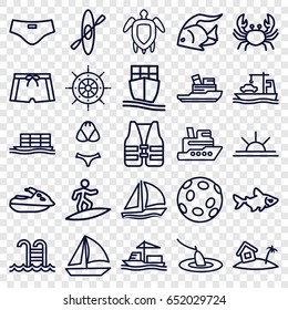 Sea icons set. set of 25 sea outline icons such as fish, crab, sun rise, cargo ship, home on island, swimming pool, turtle  illsutration, man swim wear, swimsuit, life vest