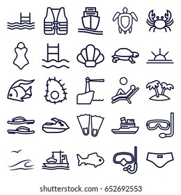 Sea icons set. set of 25 sea outline icons such as fish, crab, turtle, pool, sun rise, cargo ship, palm, turtle  illsutration, man laying in the sun, flip flops, man swim wear