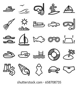 Sea icons set. set of 25 sea outline icons such as turtle, boat, pool, ship, land territory, fish, lifebuoy, man laying in sun, island, flip flops, man swim wear, swimsuit