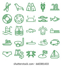 Sea icons set. set of 25 sea outline icons such as octopus, crab, fish, seal, pool, land territory, swimming pool, avenue, lifebuoy, turtle  illsutration, flippers, island
