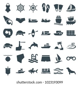 Sea icons. set of 36 editable filled sea icons such as turtle, seal, boat, pool, ship, flippers, aquarium, cargo ship, land territory, swimming pool, island, flip flops