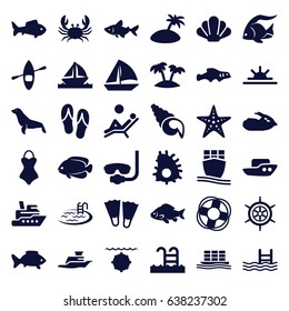 Sea icons set. set of 36 sea filled icons such as fish, crab, seal, boat, pool, sailboat, sun rise, cargo ship, ship, palm, swimming pool, jet ski, starfish