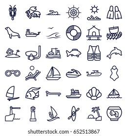 Sea icons set. set of 36 sea outline icons such as fish, crab, seal, lighthouse, boat, cargo ship, home on island, lifebuoy, sunbed, flippers, swimmer, man laying in sun