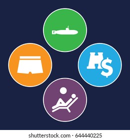 Sea icons set. set of 4 sea filled icons such as man laying in the sun, man swim wear, submarine