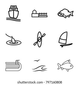 Sea icons. set of 9 editable outline sea icons such as fish, cargo ship, avenue, windsurfing, rowing, sea and gull, fishing