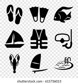 Sea icons set. set of 9 sea filled icons such as fish, crab, pool, sailboat, snorkel, windsurfing, flip flops, life vest