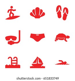 Sea icons set. set of 9 sea filled icons such as turtle, boat, swimming pool, swimmer, flip flops, man swim wear, shell, surfing
