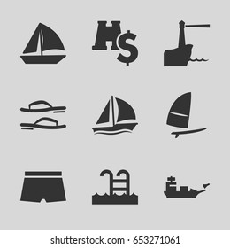Sea icons set. set of 9 sea filled icons such as sailboat, swimming pool, windsurfing, flip flops, man swim wear, lighthouse, water military