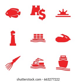 Sea icons set. set of 9 sea filled icons such as fish, lighthouse, sun rise, cargo ship, jet ski, extinct sea creature