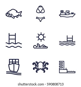sea icons set. Set of 9 sea outline icons such as octopus, fish, pool, cargo ship, harbor, man laying in sun, swimsuit, water military