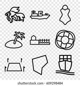Sea icons set. set of 9 sea outline icons such as fish, cargo ship, land territory, avenue, island, swimsuit, lifebuoy