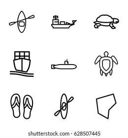 Sea icons set. set of 9 sea outline icons such as turtle, cargo ship, land territory, turtle  illsutration, flip flops, rowing boat, water military, submarine