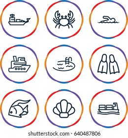 Sea icons set. set of 9 sea outline icons such as fish, crab, pool, cargo ship, flippers, swimmer, shell, water military