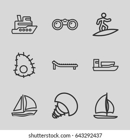 Sea icons set. set of 9 sea outline icons such as sunbed, sailboat, surfing, extinct sea creature, binoculars