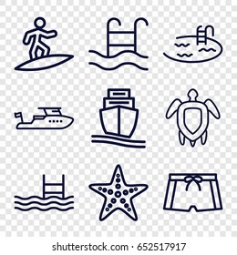 Sea icons set. set of 9 sea outline icons such as pool, boat, cargo ship, swimming pool, turtle  illsutration, starfish, man swim wear