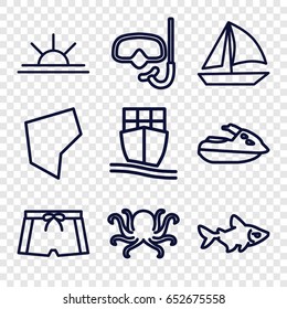 Sea icons set. set of 9 sea outline icons such as octopus, fish, sun rise, cargo ship, land territory, man swim wear, jet ski, snorkel
