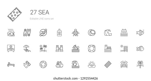 sea icons set. Collection of sea with beach towel, sunset, tsunami, ship, float, sun lotion, deck chair, beach, lifesaver, flood, binocular, sunbed. Editable and scalable sea icons.