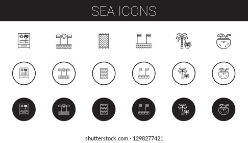 sea icons set. Collection of sea with beach, beach towel, palm tree, coconut. Editable and scalable sea icons.