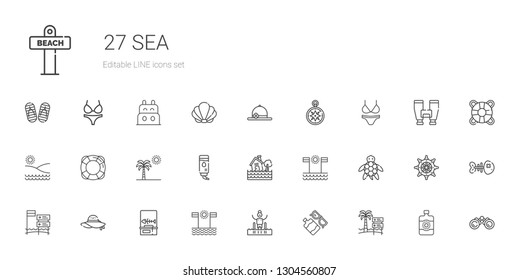 sea icons set. Collection of sea with beach, sun lotion, pool, fishbone, pamela, turtle, flood, water, palm tree, lifesaver, bikini, wind rose. Editable and scalable sea icons.