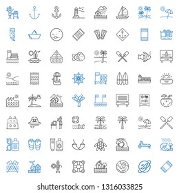 sea icons set. Collection of sea with beach towel, travel, flood, lifesaver, lifeguard, beach, tsunami, deck chair, turtle, hammock, sun cream. Editable and scalable sea icons.