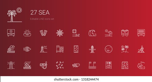 sea icons set. Collection of sea with beach, turtle, sprinkles, dive, flood, lighthouse, neptune, beach towel, fish, wave, swimming pool, tsunami. Editable and scalable sea icons.