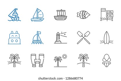 sea icons set. Collection of sea with bikini, palm tree, binoculars, beach, surfboard, oar, lighthouse, boat, fish, trireme, ship. Editable and scalable sea icons.