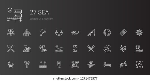 sea icons set. Collection of sea with deck chair, pirate, beach, water, palm tree, walrus, tsunami, paddles, beach towel, flood, oar, float, fishing rod. Editable and scalable sea icons.