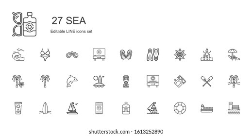 sea icons set. Collection of sea with float, ship, sun lotion, beach towel, boat, surfboard, sun cream, beach, captain, dolphin, palm tree, rudder. Editable and scalable sea icons.