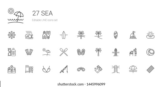 sea icons set. Collection of sea with lighthouse, sun lotion, binoculars, fishing rod, hammock, beach, lake, palm tree, flip flop, oar, flippers. Editable and scalable sea icons.