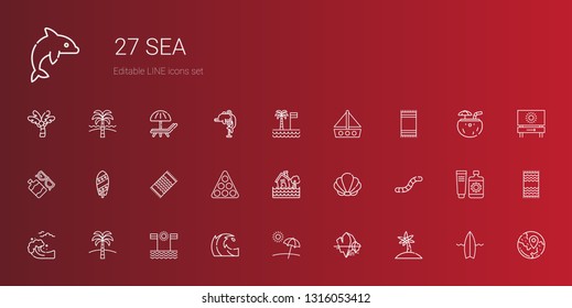 sea icons set. Collection of sea with palm tree, iceberg, beach, wave, tsunami, worm, seashell, flood, pool, beach towel, surfboard, sun lotion. Editable and scalable sea icons.