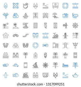 sea icons set. Collection of sea with paper boat, beach, bikini, fishbowl, surfboard, flood, fish, ship, palm tree, rudder, beach towel, pamela. Editable and scalable sea icons.