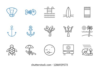 sea icons set. Collection of sea with tsunami, beach, neptune, sunbed, turtle, poseidon, palm tree, anchor, beach towel, surfboard, swimming pool. Editable and scalable sea icons.