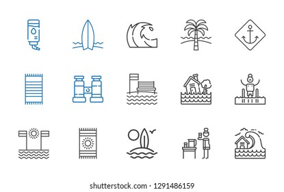 sea icons set. Collection of sea with tsunami, water, surfboard, beach towel, beach, pool, flood, binocular, anchor, wave. Editable and scalable sea icons.