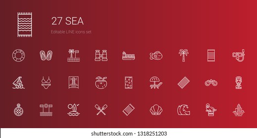 sea icons set. Collection of sea with wave, seashell, beach towel, paddles, surfboard, beach, wind rose, sunbed, coconut, lighthouse, bikini. Editable and scalable sea icons.