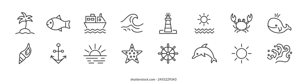 Conjunto de iconos de mar. Contiene ballena, delfín, barco, faro, ancla, cangrejo. Ilustración vectorial.