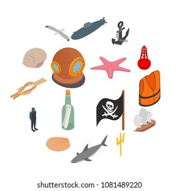 Sea Icons set in isometric 3d style isolated on white background