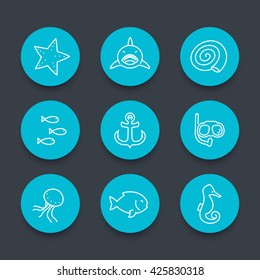 Sea icons set, linear pictograms, vector illustration