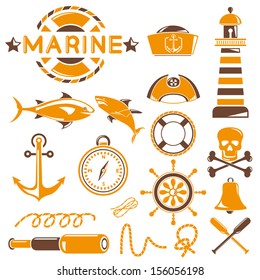 sea icons set, marine icons set, orange theme