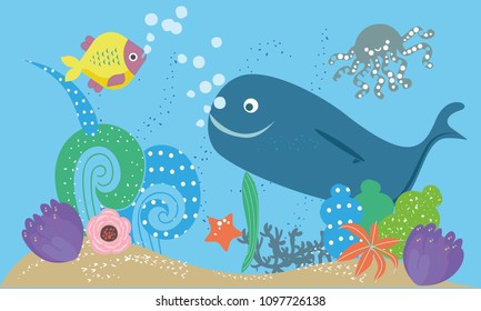 Sea icons and symbols set. Sea animals. Nautical design elements. The bottom of the sea. The ocean and marine life. Coral reef, sand Whale, fish,coral,algae ,octopus Underwater world
