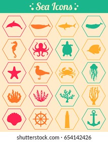 Sea icons and symbols set. Sea animals. Nautical design elements. Vector illustration