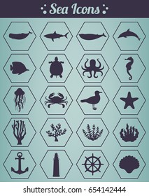 Sea icons and symbols set. Sea animals. Nautical design elements. Vector illustration