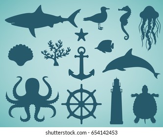 Sea icons and symbols set. Sea animals. Nautical design elements. Vector illustration