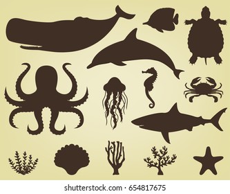 Sea icons and symbols set. Sea animals. Nautical design elements. Vector illustration