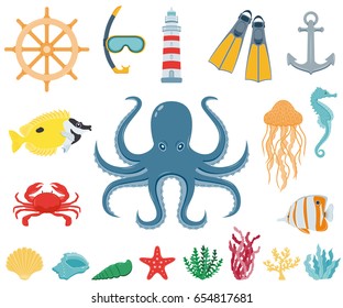 Sea icons and symbols set. Sea animals. Nautical design elements. Vector illustration