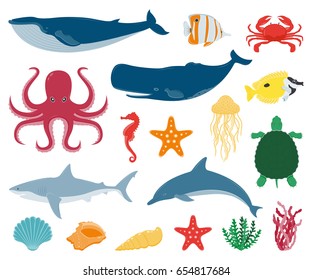 Sea icons and symbols set. Sea animals. Nautical design elements. Vector illustration