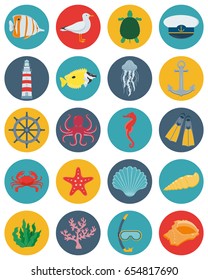 Sea icons and symbols set. Sea animals. Nautical design elements. Vector illustration